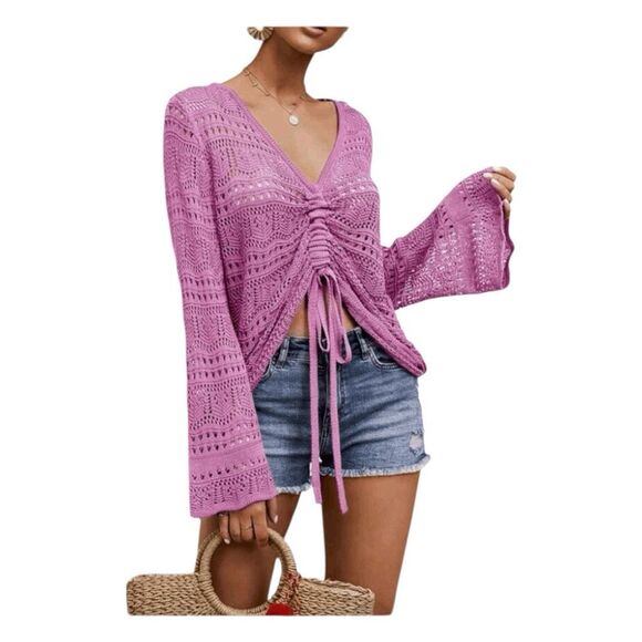 Hollow Out Lightweight Crochet Sweater Pink Knit Bell Sleeve Drawstring Front S - Picture 1 of 7